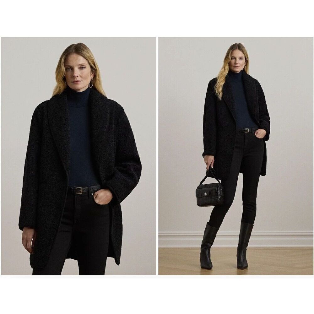 $240 New Lauren Ralph Lauren Shawl Collar Faux Shearling Coat in Black XL